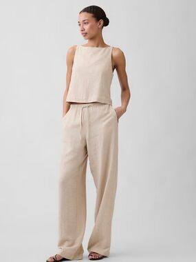 GAP Linen Wide-Leg Drawstring Pants in Light Beige
